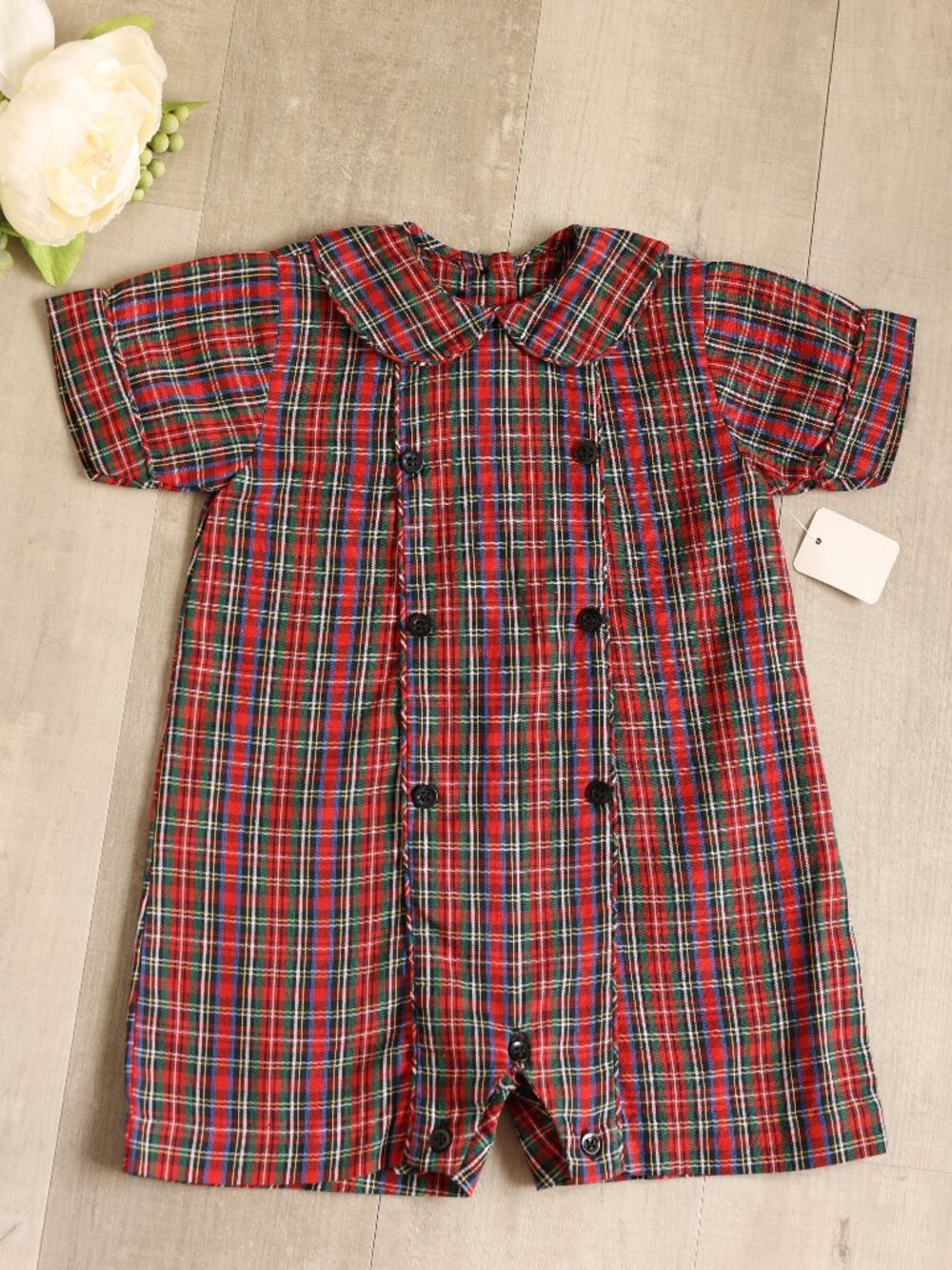 Strasburg Boy's Red Tartan Plaid Shortall Romper Portrait Seasonal Occasion 6/9M